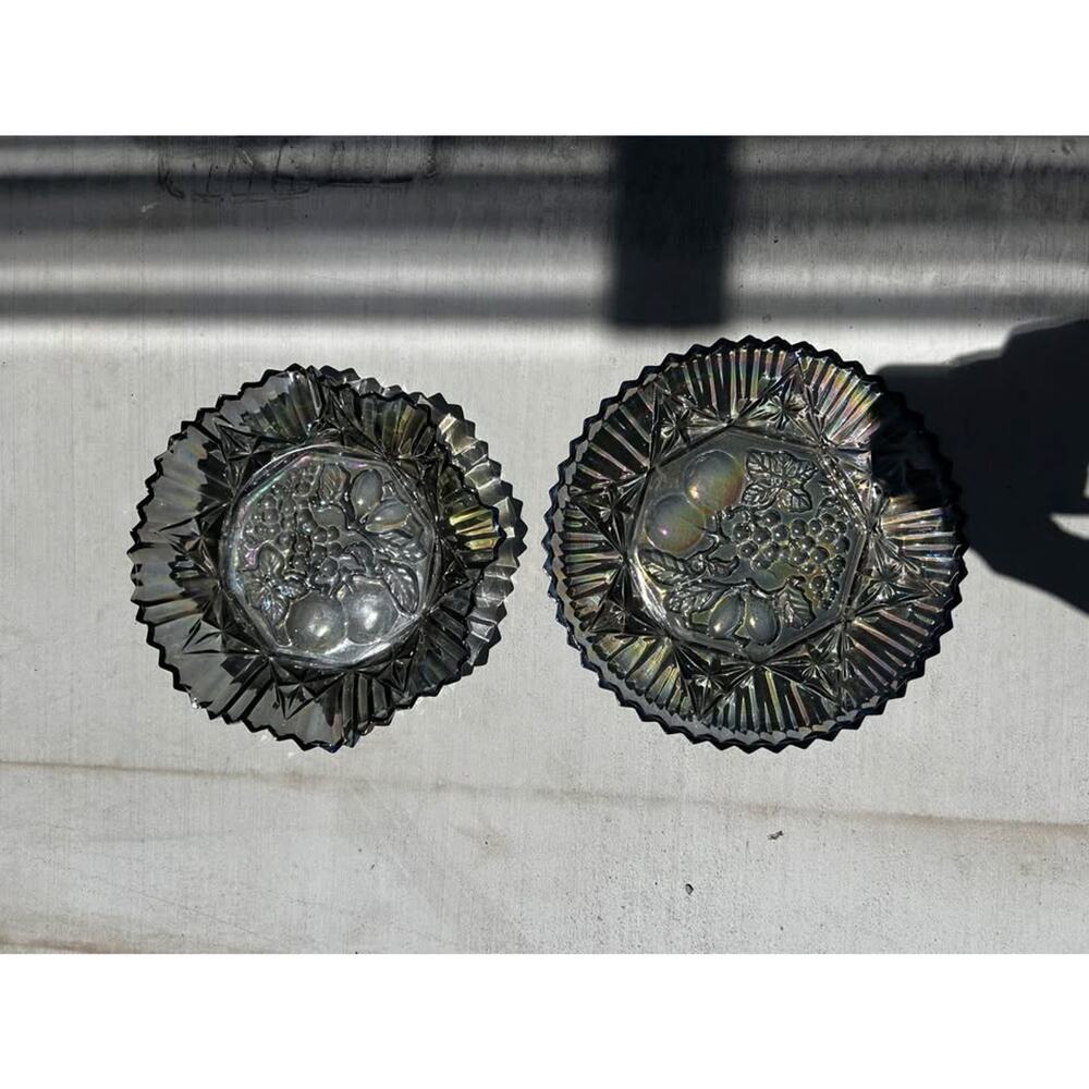 Vintage Federal Fruit Bowl platter Iridescent Smoke Carnival Glass Ruffle 1960's